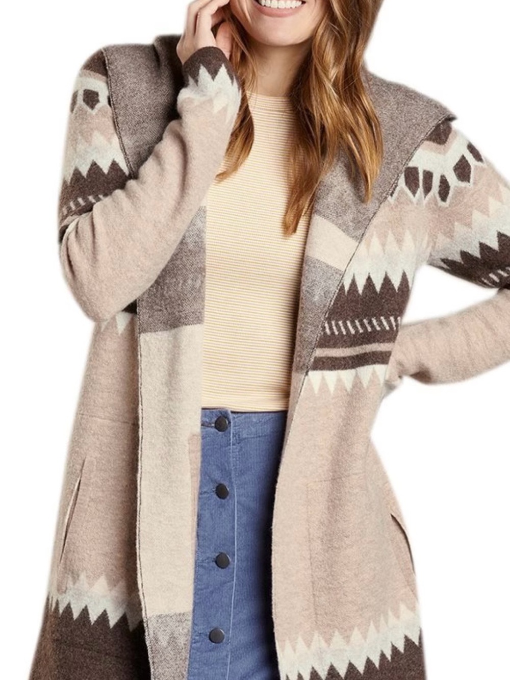 Toad&Co Merino Merritt Taupe and Cream Geometric Hooded Cardigan